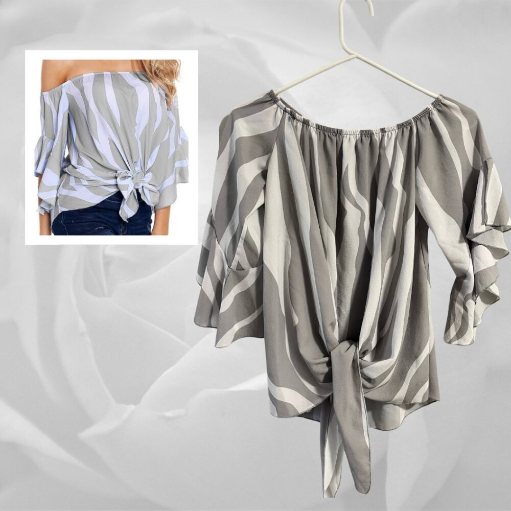 Grey & White Off-Shoulder Striped Top - Size M, Flare Sleeve, Tie Knot